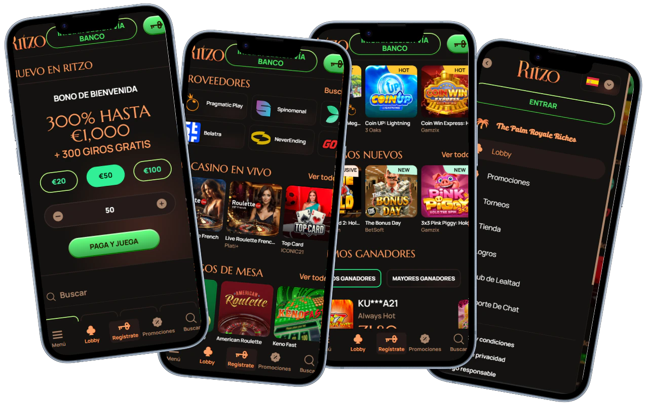 Ritzo Casino versión móvil con bono, juegos y menú